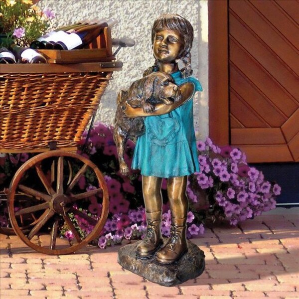 Can I Keep Him? Girl and Dog Cast Bronze Garden Statue Sculpture